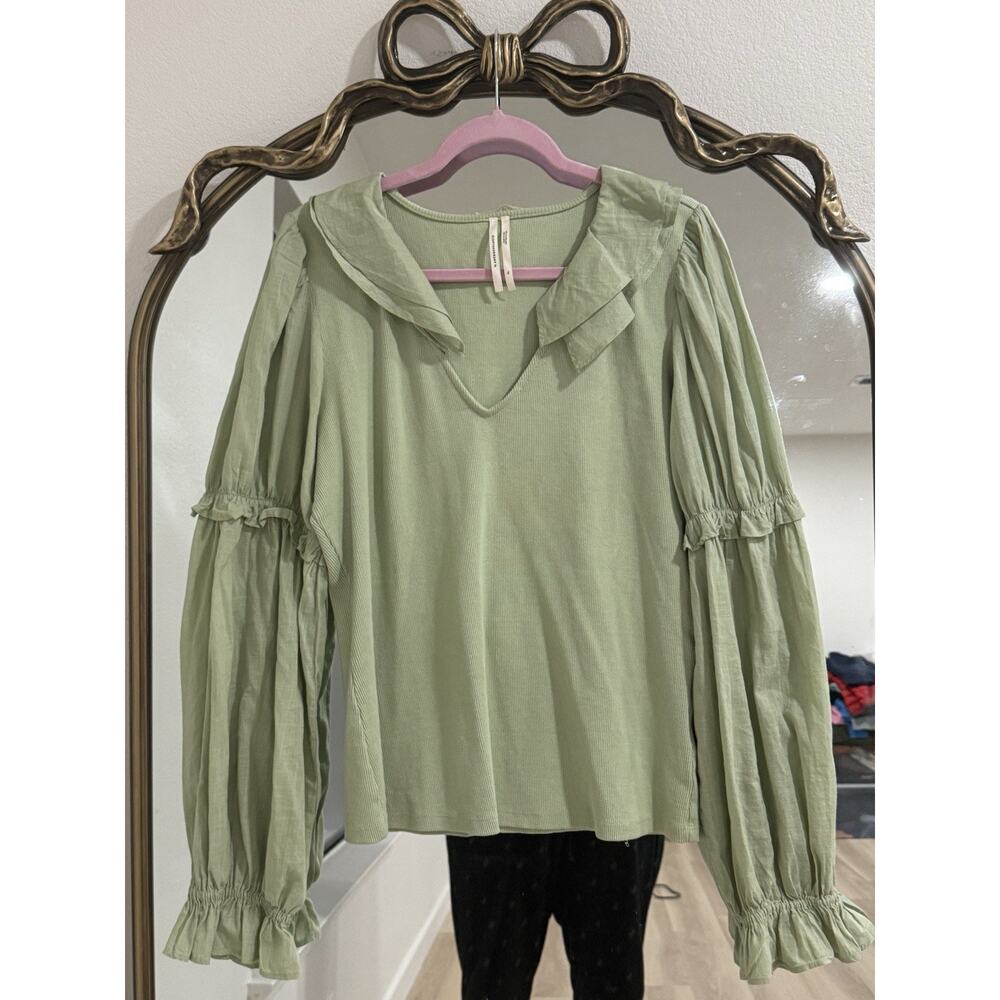 Anthropologie Light Green Peasant Blouse with Ruffled Sleeves